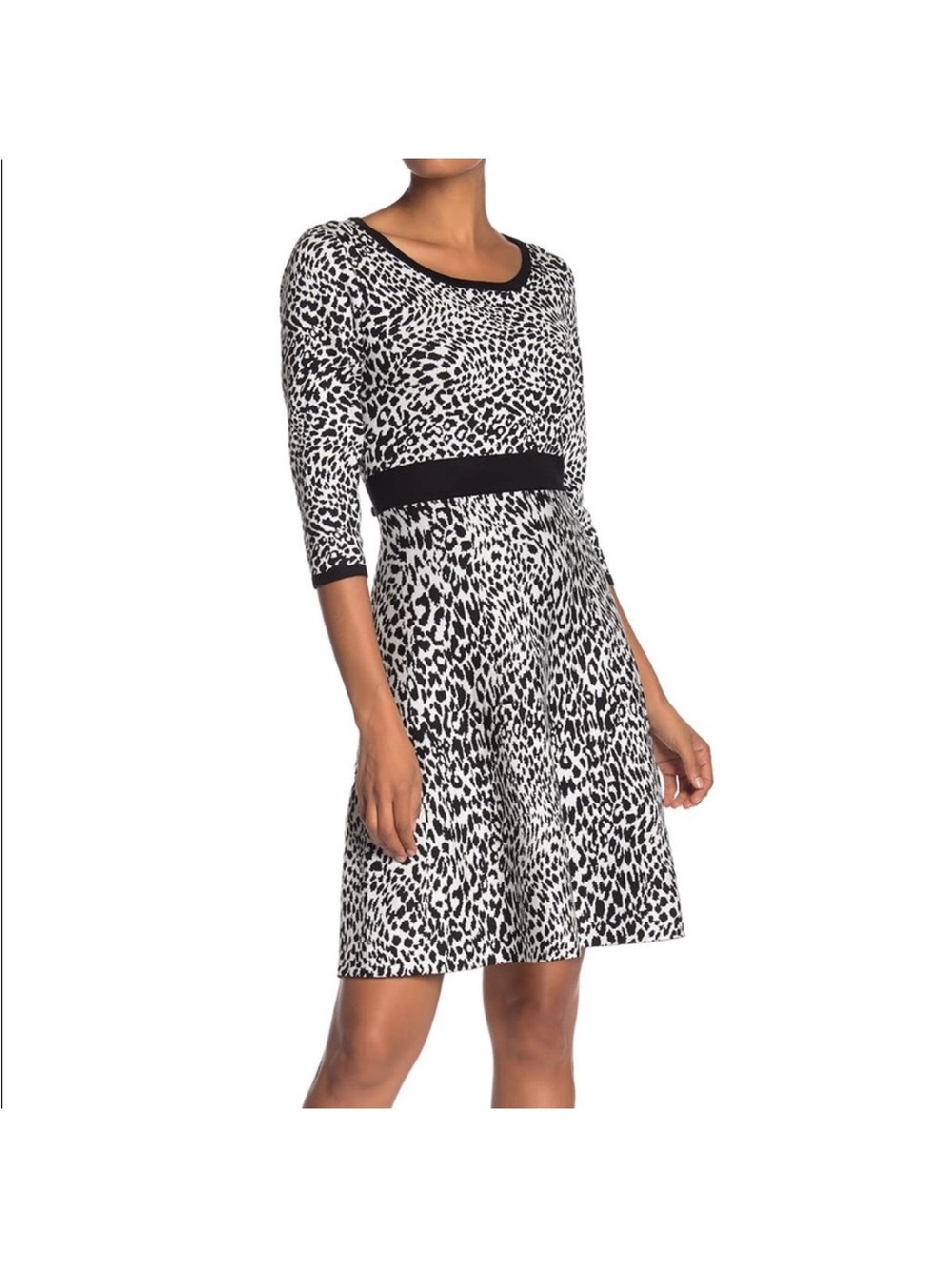 Nina Leonard Black and White Leopard Print knit Dress